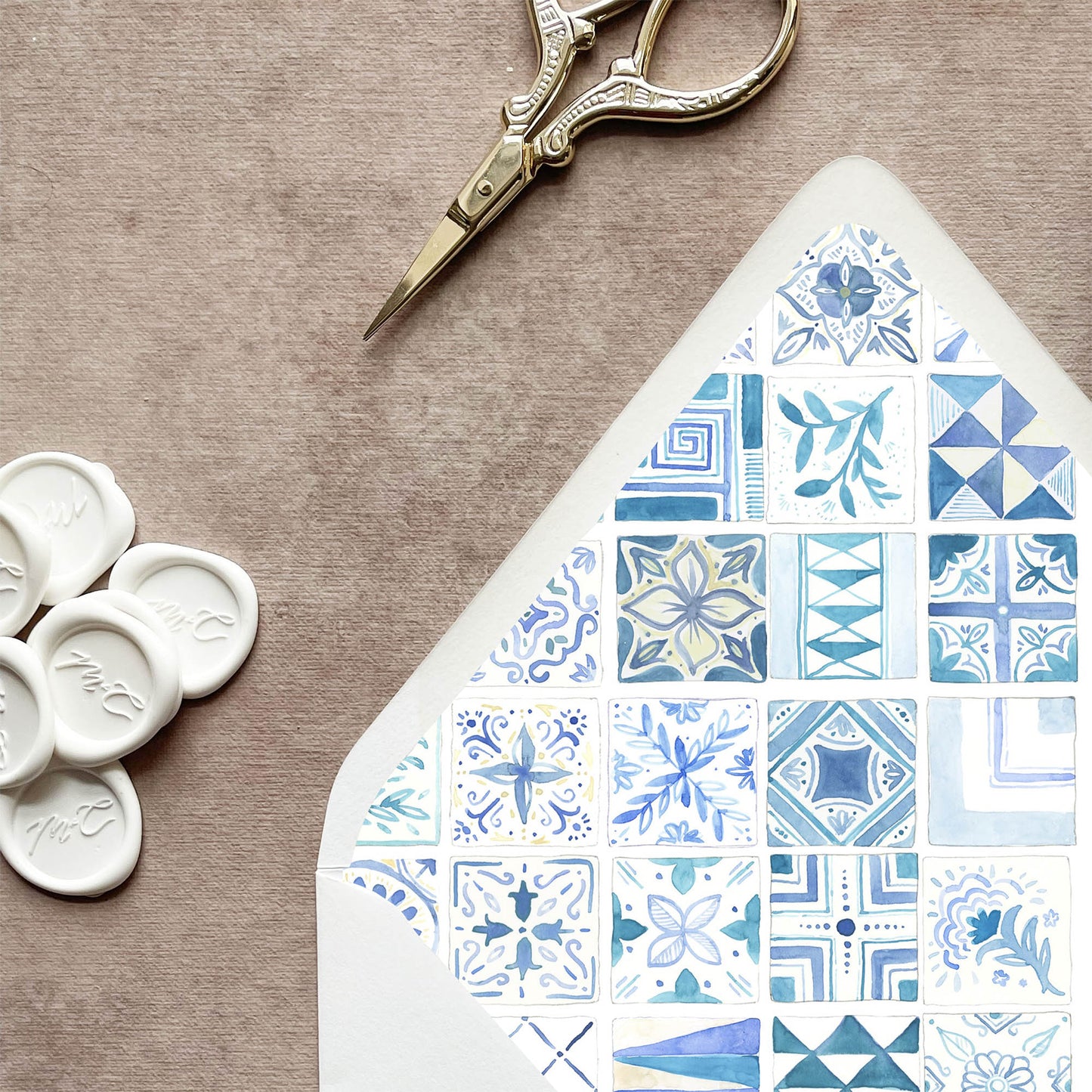 Blue Mexican Mediterranean Tile Envelope Liner | Set of 10 | For 5x7” Invitations