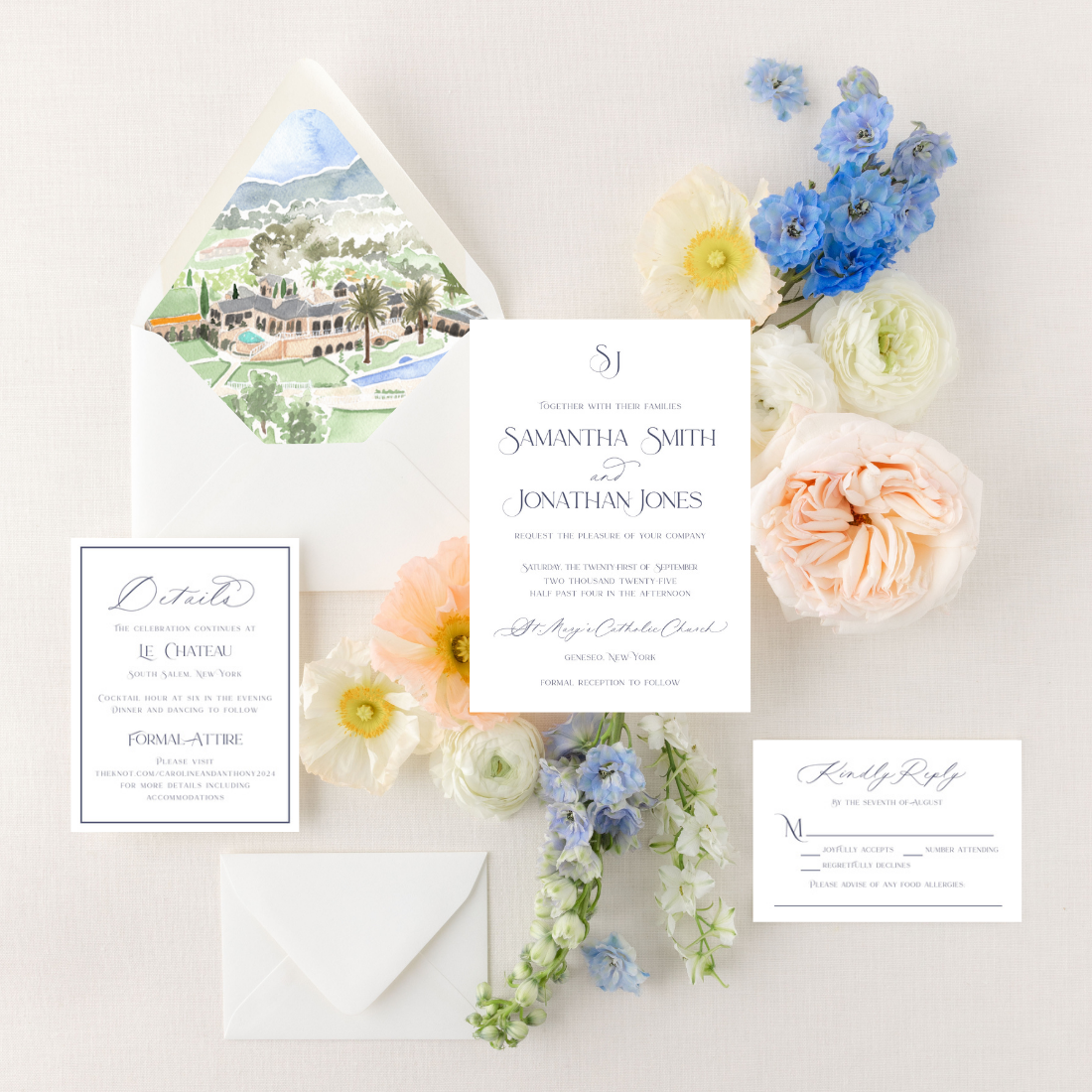 Classic Collection 3 | Semi-Custom Watercolor Wedding Invitations | Custom Venue Artwork Included