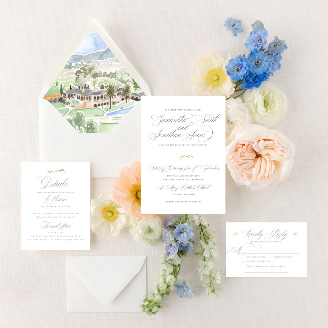 Daisy | Semi-Custom Watercolor Wedding Invitations | Custom Venue Artwork Included