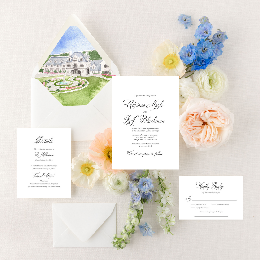 Classic Collection 4 | Semi-Custom Watercolor Wedding Invitations | Custom Venue Artwork Included