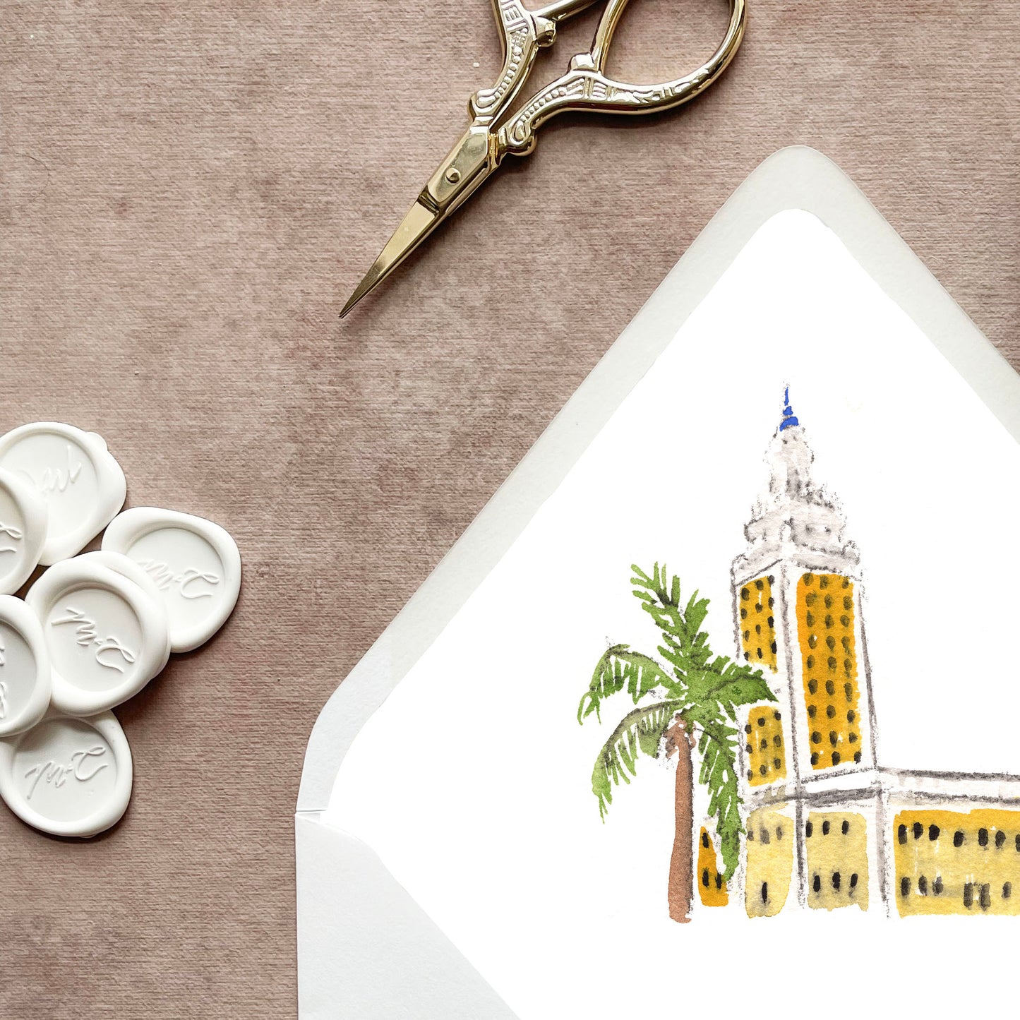 Downtown Miami Florida Watercolor Euroflap Envelope Liner | Set of 10 | For 5x7” invitations