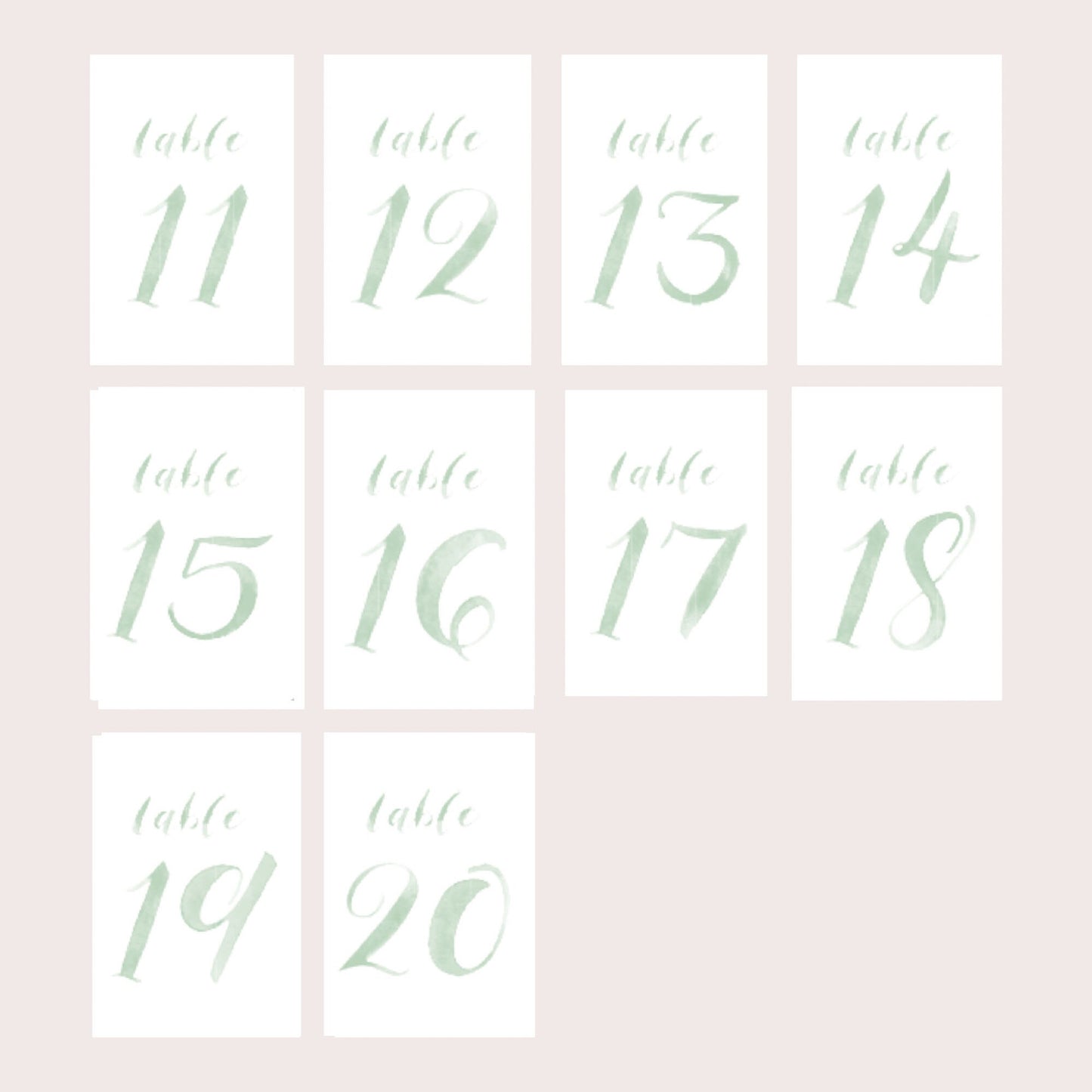 Sage Watercolor Table Numbers | Handmade Paper