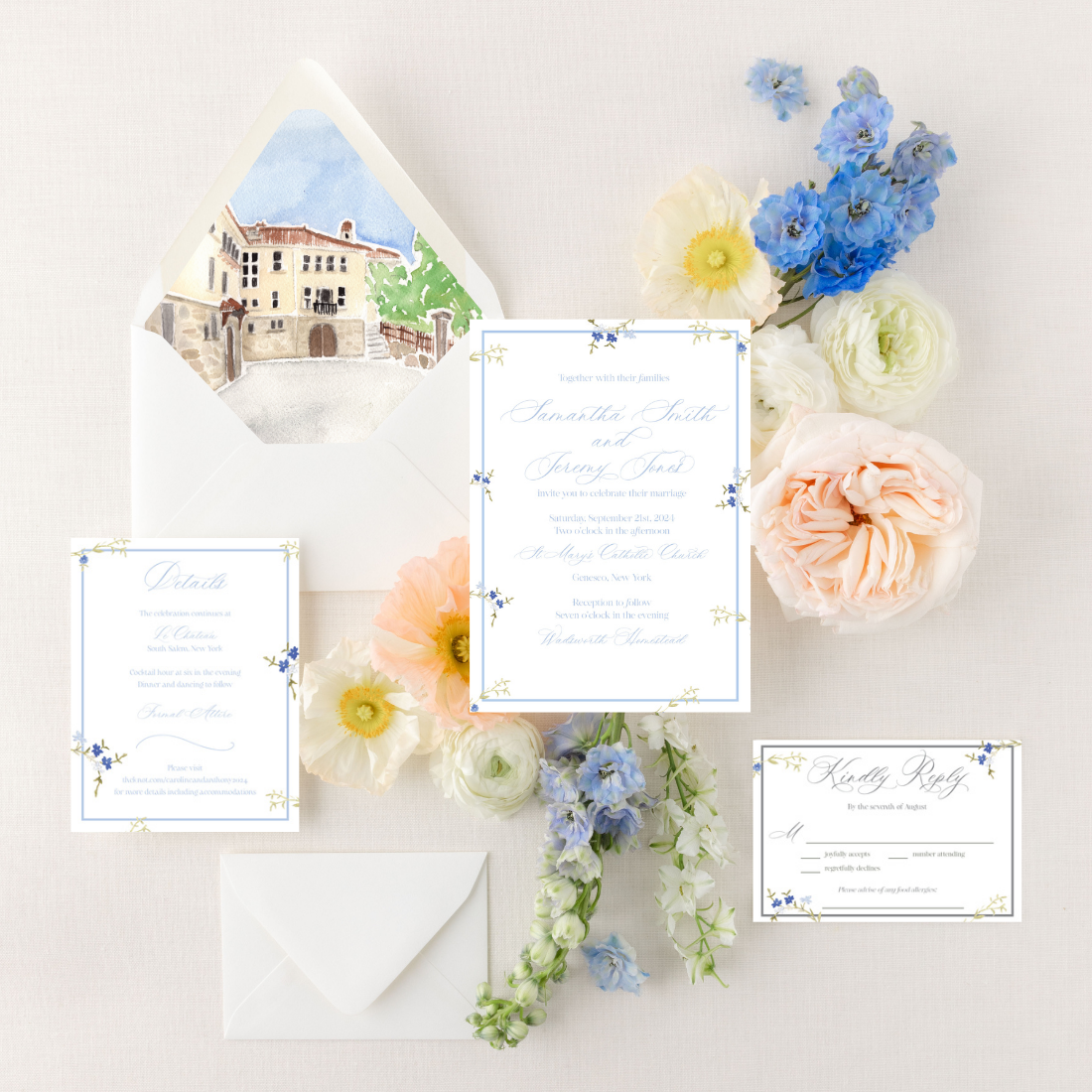 Blue Floral | Semi-Custom Watercolor Wedding Invitations