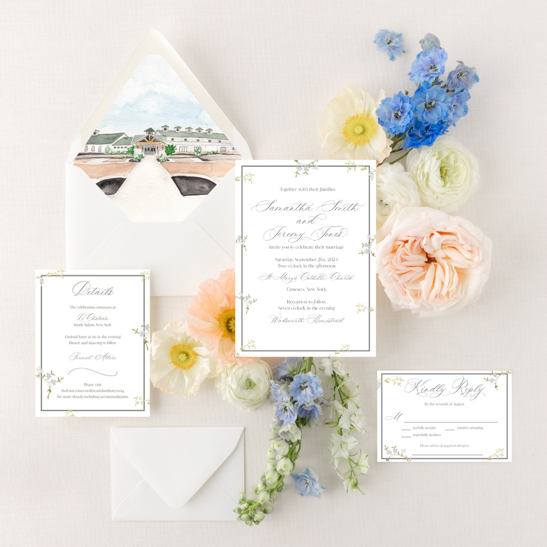 Grey Floral | Semi-Custom Watercolor Wedding Invitations