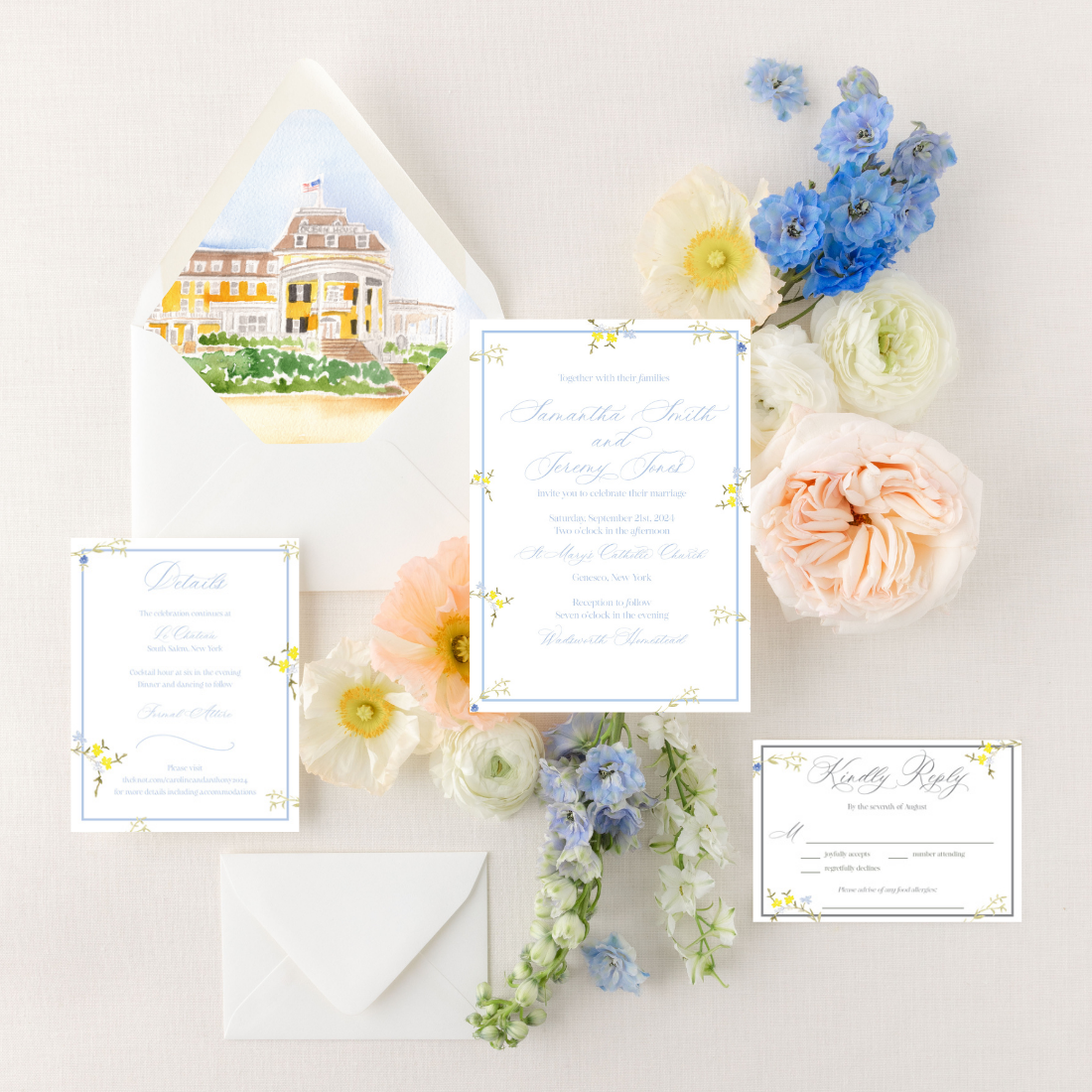 Blue and Yellow Floral | Semi-Custom Watercolor Wedding Invitations