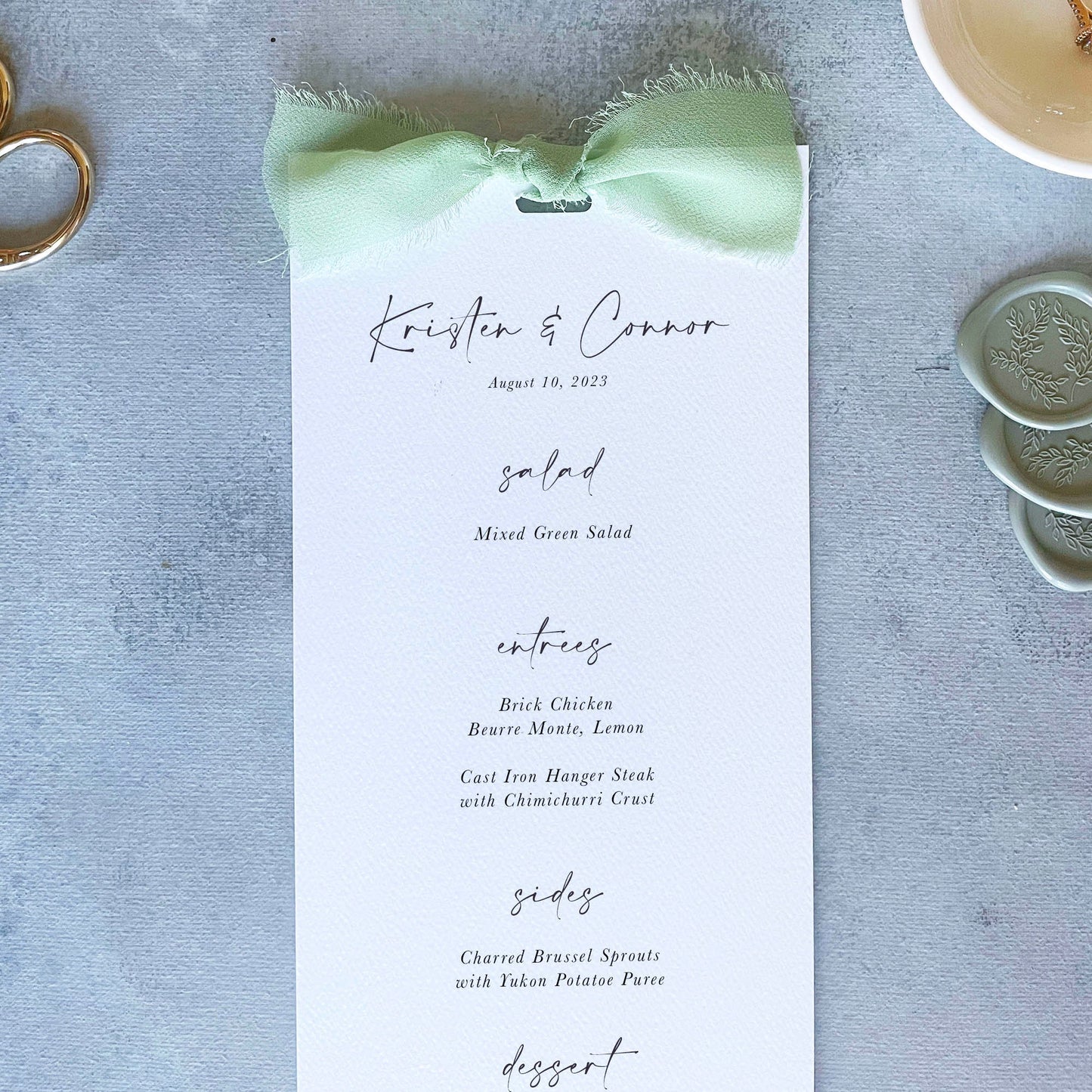 Handmade Paper Menu with Sage Ribbon | Set of 10