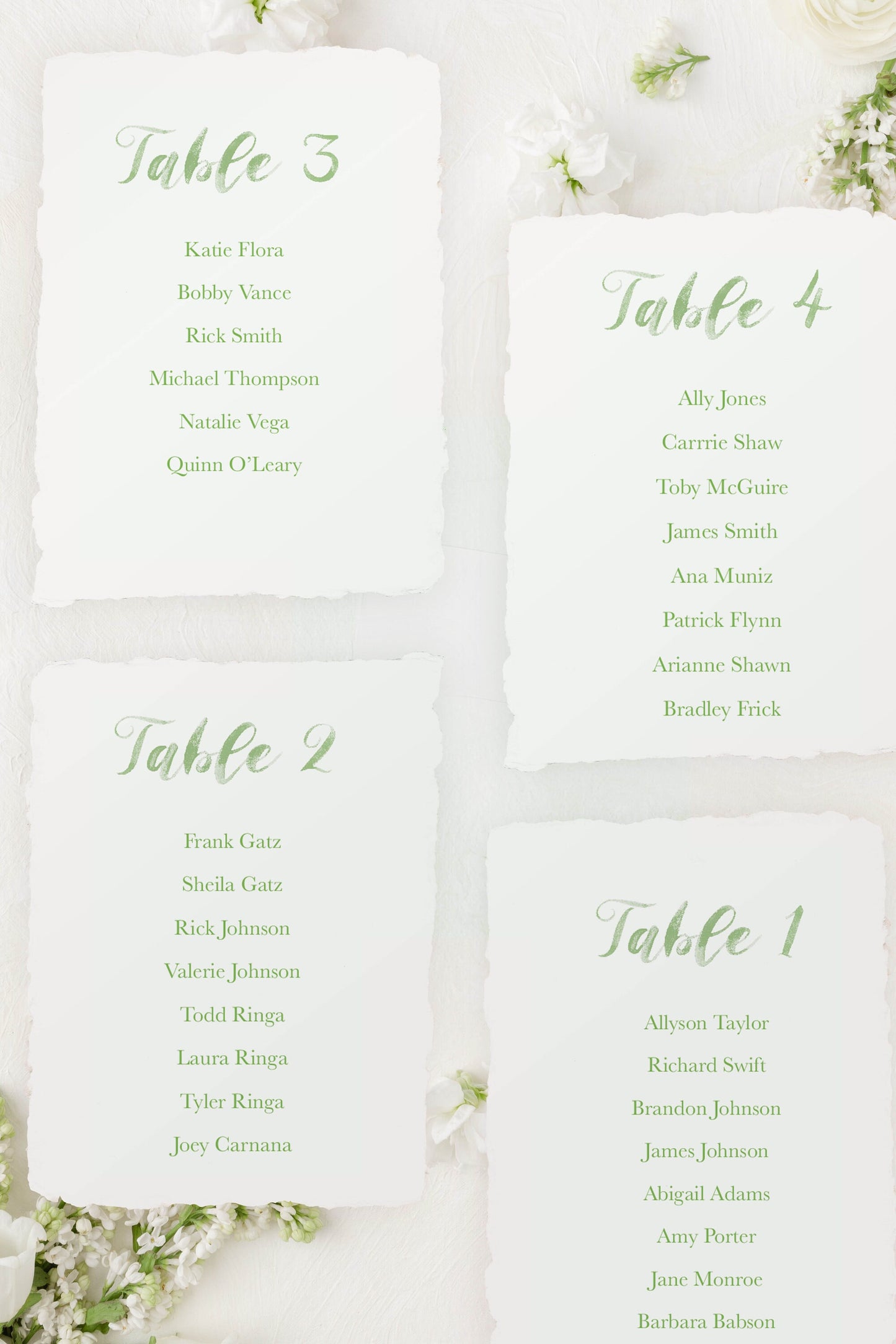 Sage Handmade Paper Seating Chart Cards | Printed