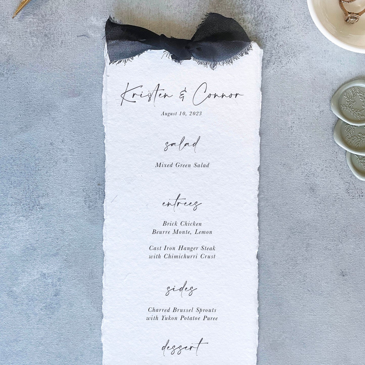 Handmade Paper Menu with Sage Ribbon | Set of 10