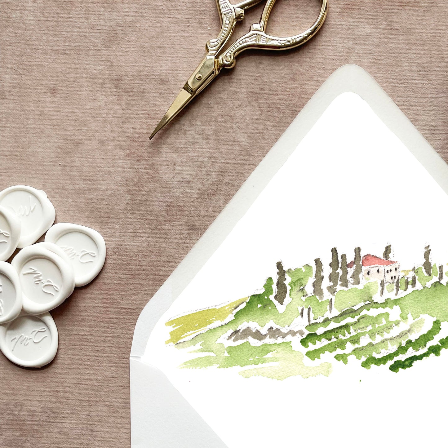 Tuscany Italy Watercolor Euroflap Envelope Liner | Set of 10 | For 5x7” invitations
