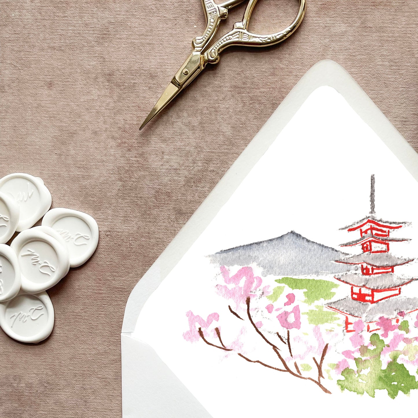 Tokyo Japan Watercolor Euroflap Envelope Liner | Set of 10 | For 5x7” invitations