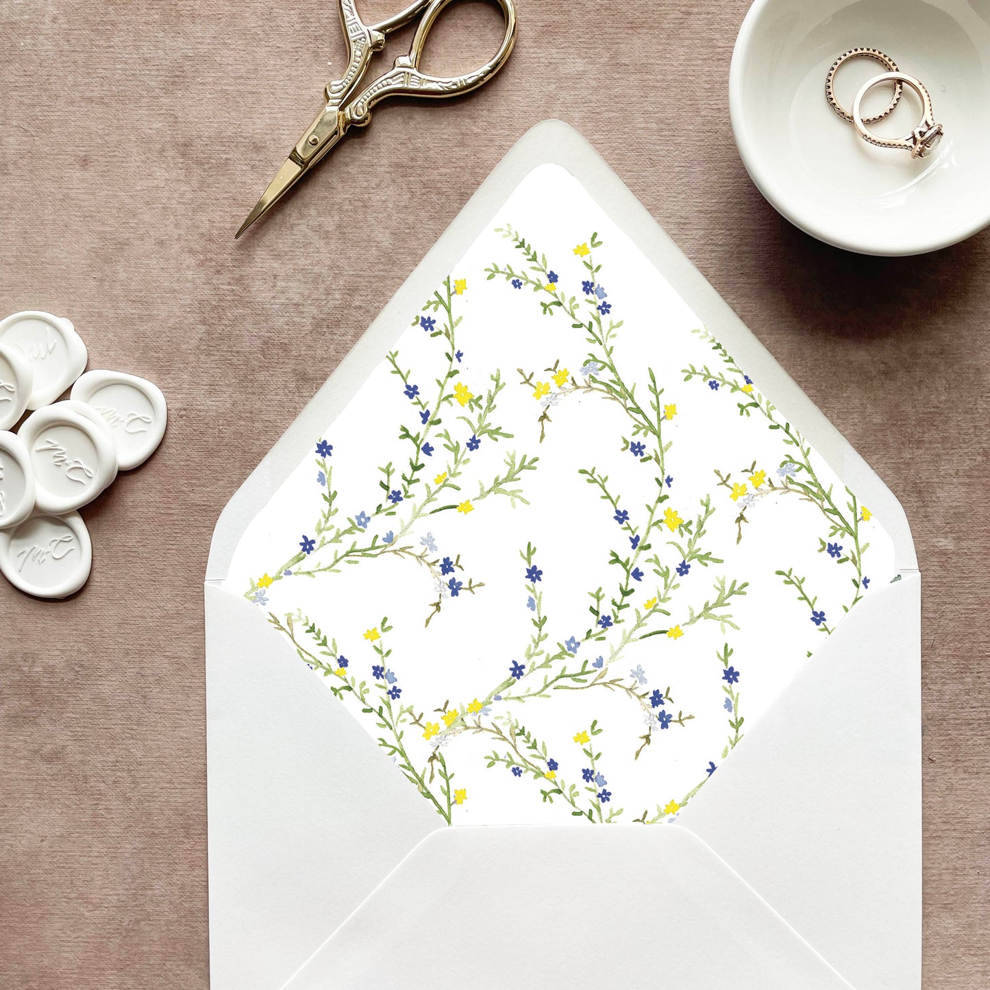 Blue and Yellow Floral Envelope Liner | Set of 10 | For 5x7” Invitations