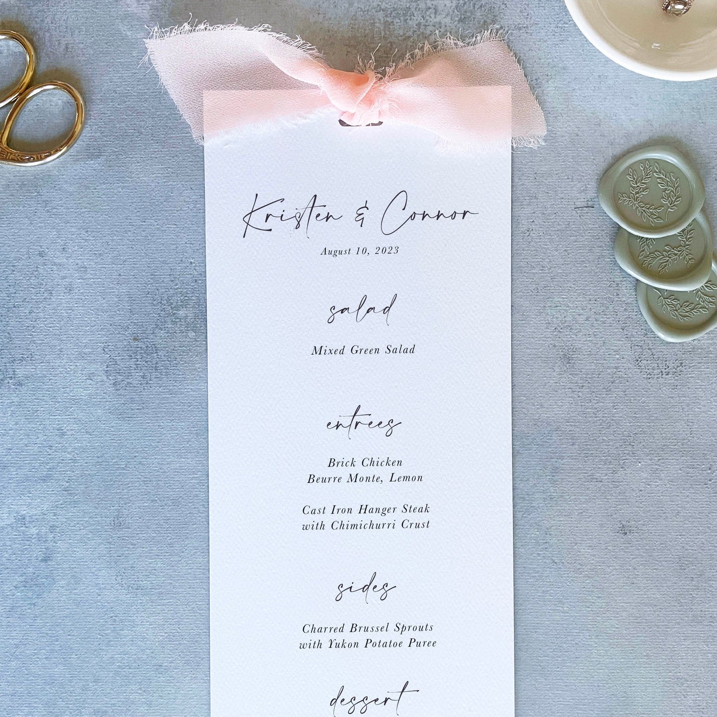 Handmade Paper Menu with Sage Ribbon | Set of 10