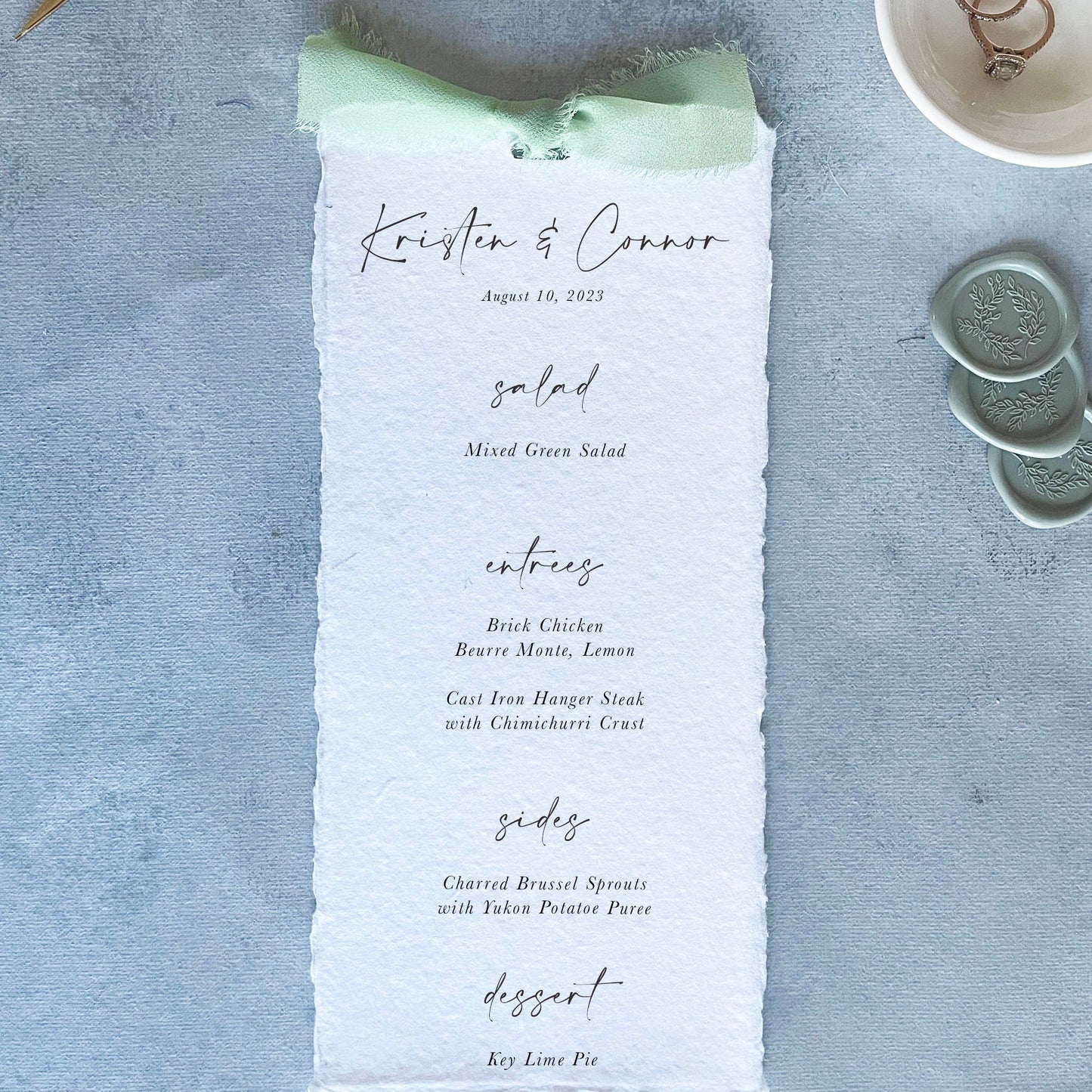 Handmade Paper Menu with Sage Ribbon | Set of 10