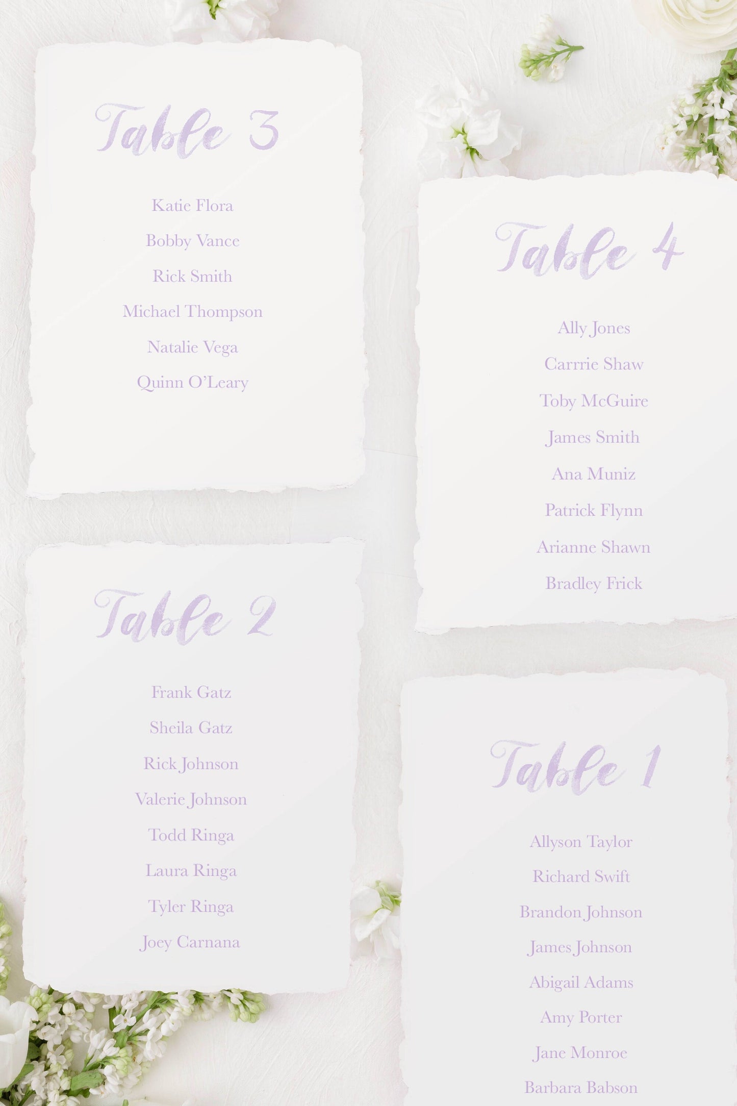 Lavender Handmade Paper Seating Chart Cards | Printed