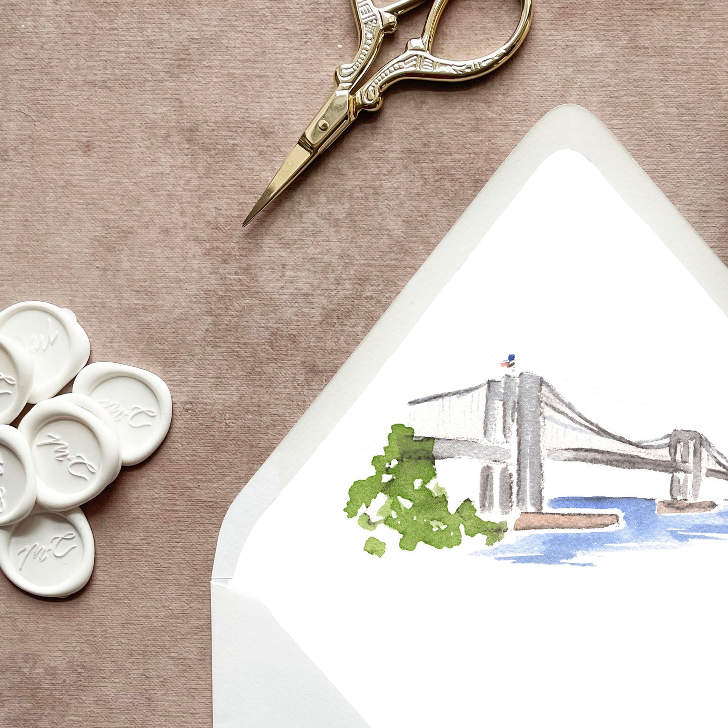 New York City Brooklyn Bridge Watercolor Euroflap Envelope Liner | Set of 10 | For 5x7” invitations