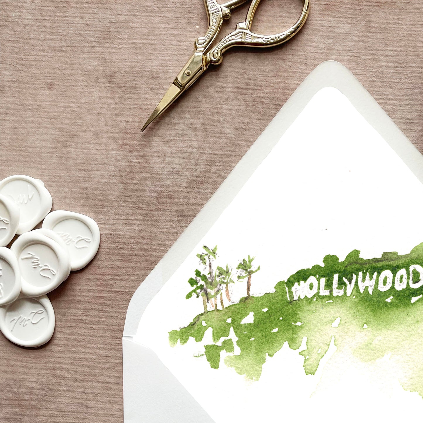 Los Angeles Hollywood Watercolor Euroflap Envelope Liner | Set of 10 | For 5x7” invitations
