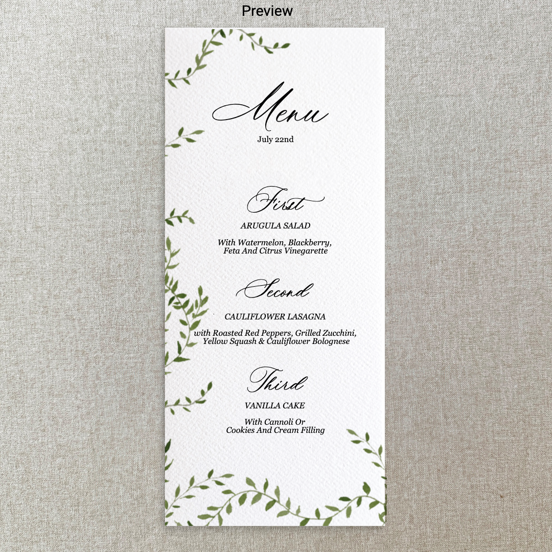 Green Ivy Watercolor Menu