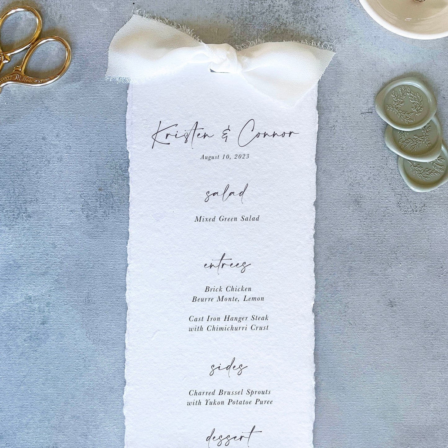 Handmade Paper Menu with Sage Ribbon | Set of 10