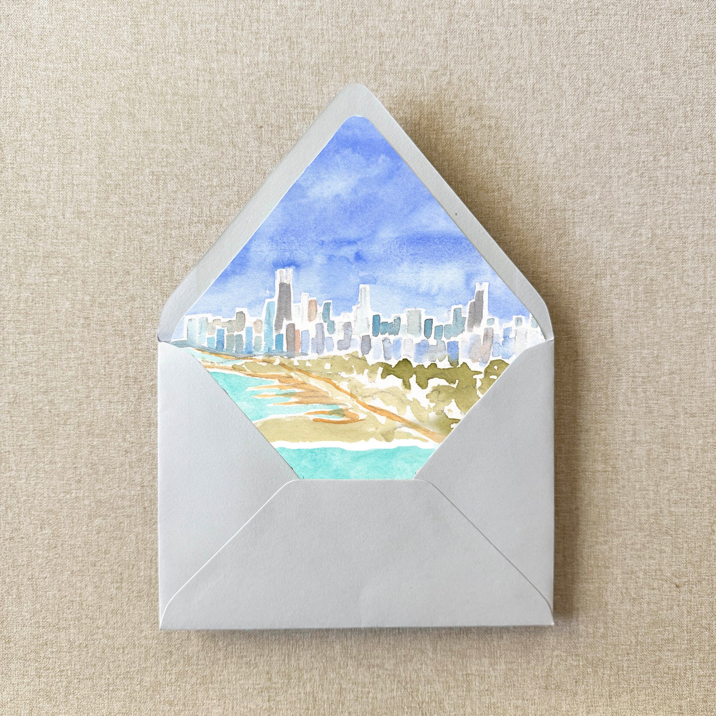 Chicago Skyline Watercolor Euroflap Envelope Liner | Set of 10 | For 5x7” invitations