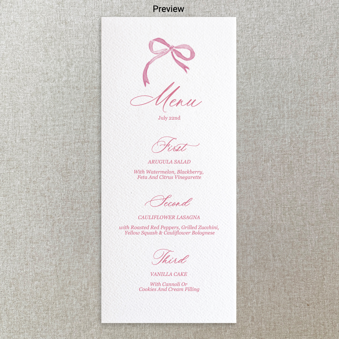 Girl Baby Shower Pink Bow Menu