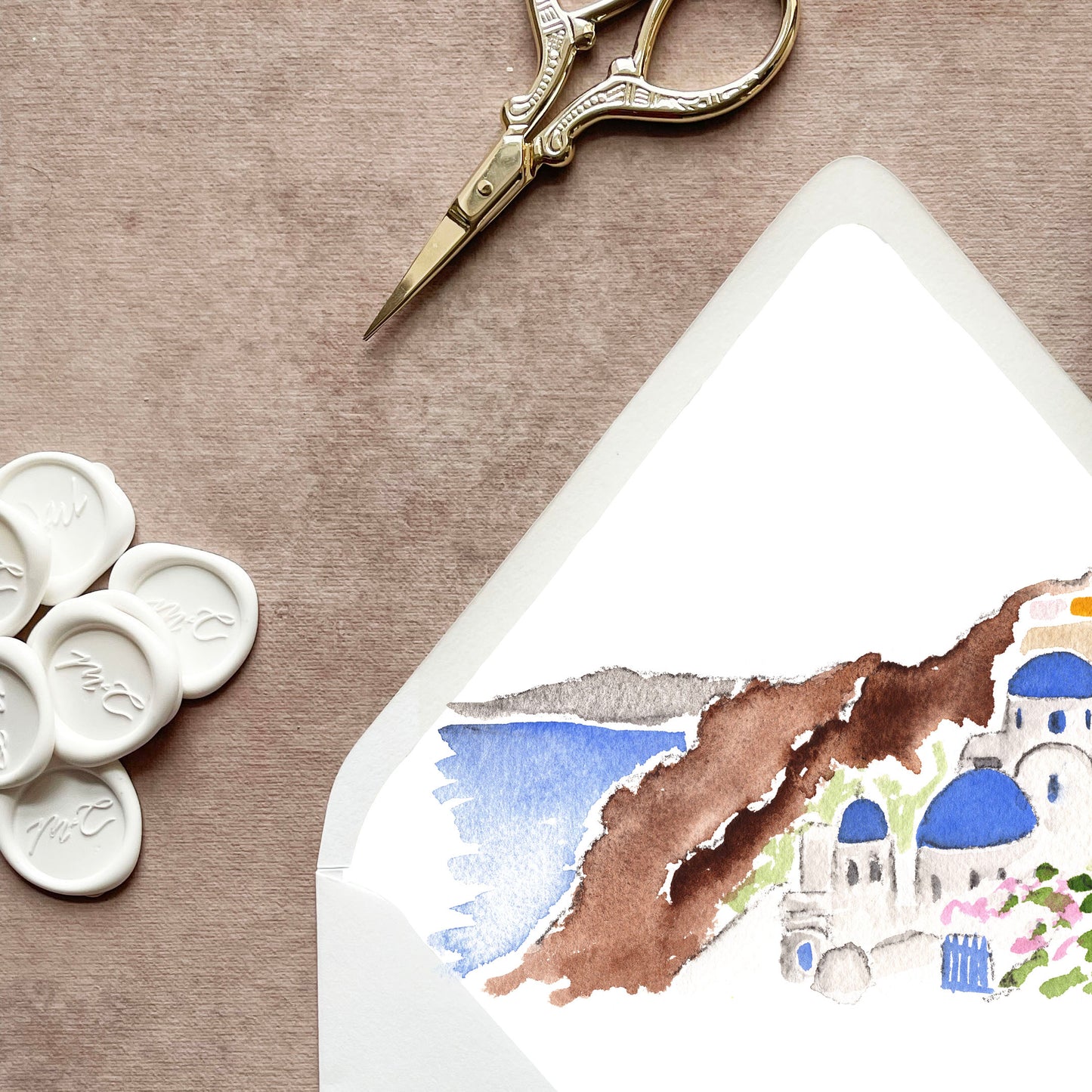 Santorini Greece Watercolor Euroflap Envelope Liner | Set of 10 | For 5x7” invitations