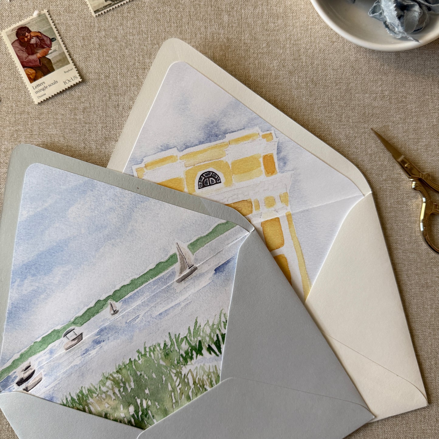 New England Boats in Harbor Watercolor Euroflap Envelope Liner | Set of 10 | For 5x7” invitations
