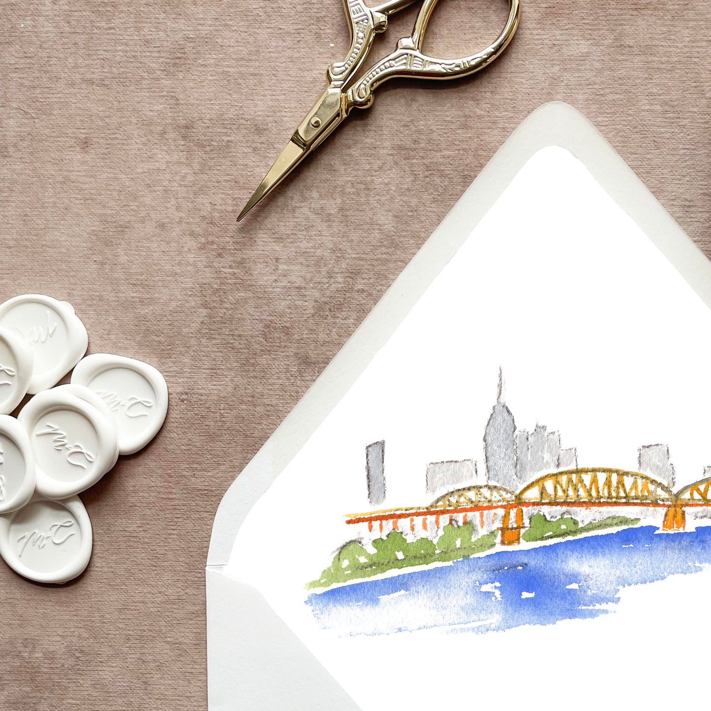 Nashville Tennessee Watercolor Euroflap Envelope Liner | Set of 10 | For 5x7” invitations