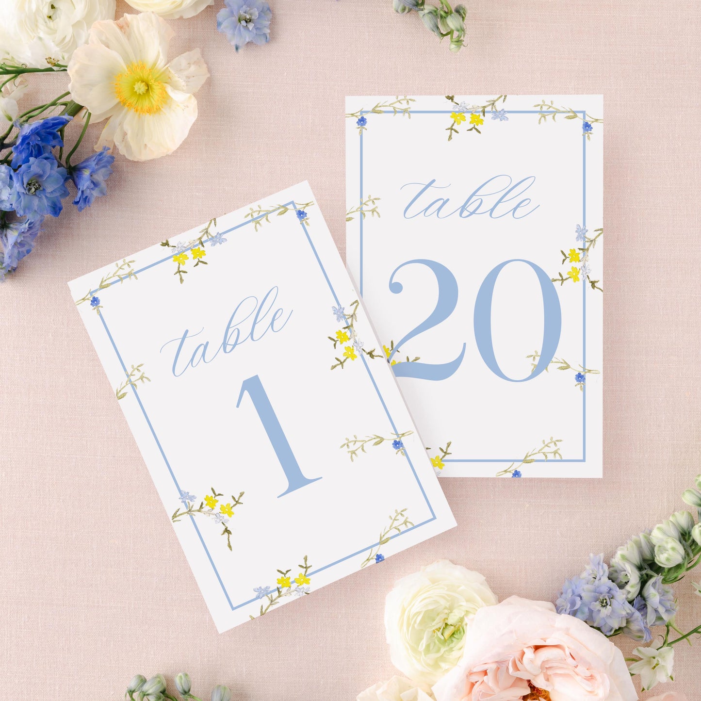 Bright Blue and Yellow Floral Watercolor Table Numbers | Watercolor Paper