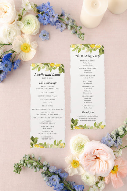 Semi-custom Yellow Lemons Handmade Paper Wedding Program | Set of 10 | Printed