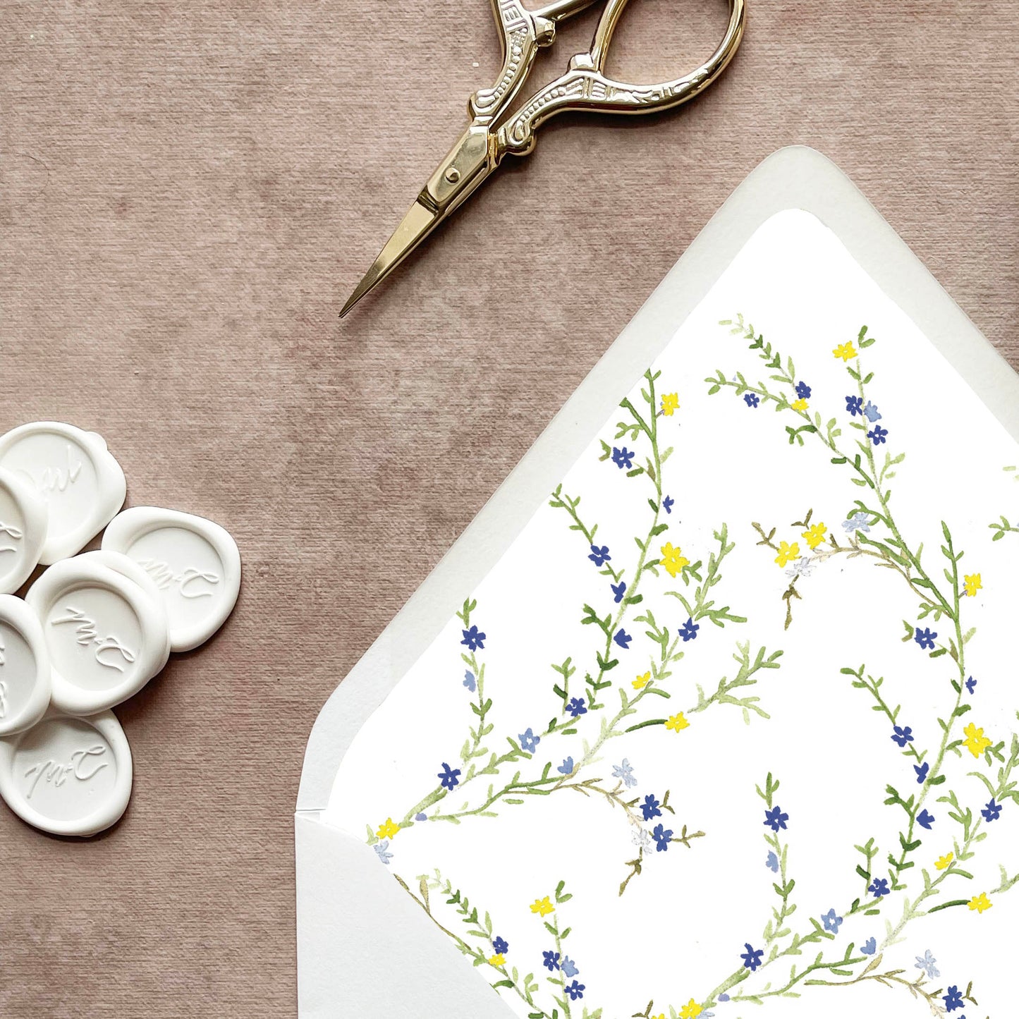 Blue and Yellow Floral Envelope Liner | Set of 10 | For 5x7” Invitations