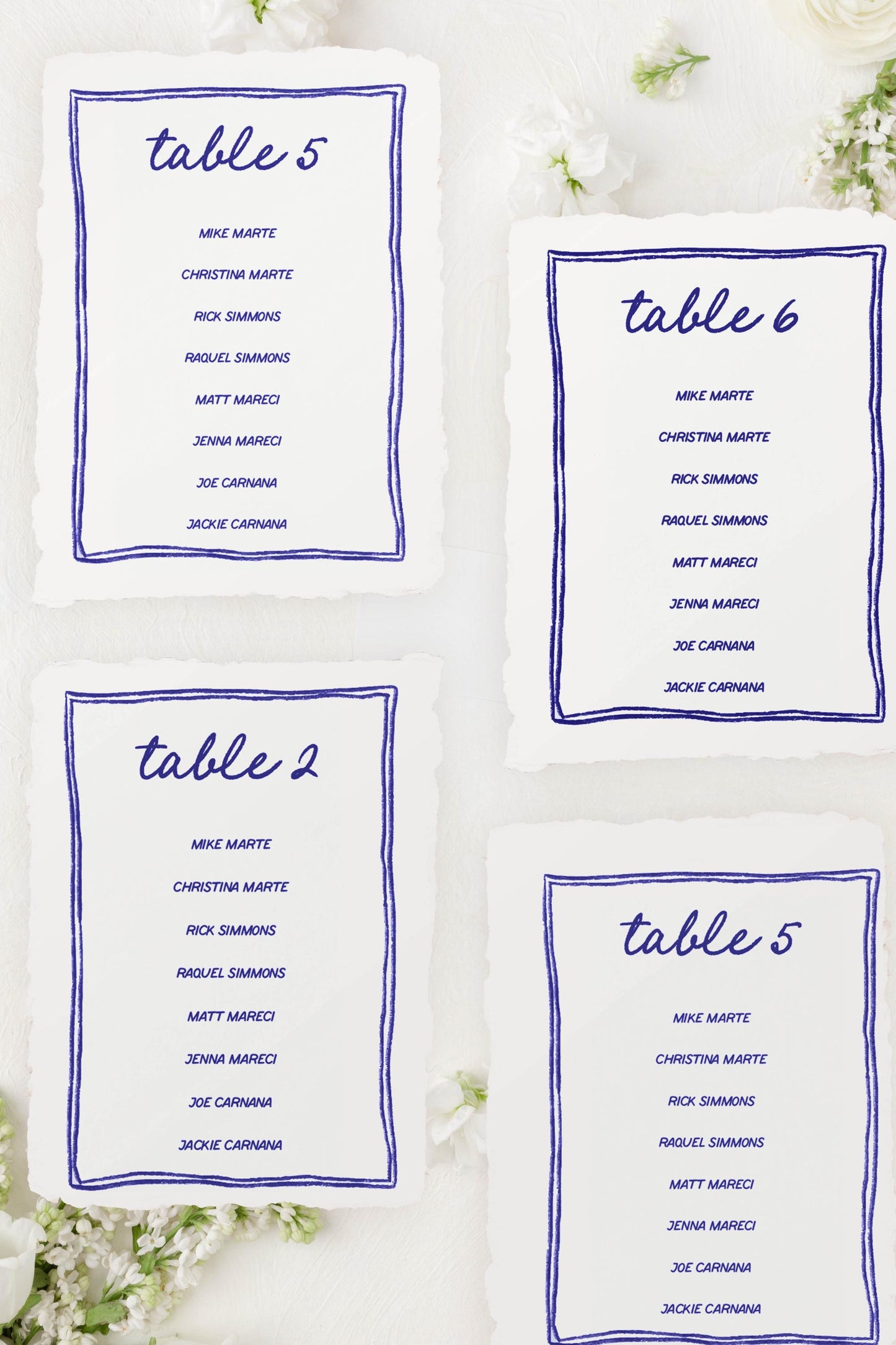 Blue Handmade Paper Seating Chart Cards | Printed