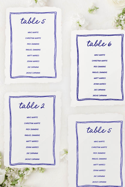 Blue Whimsical Doodle Seating Chart Cards | Printed | 1