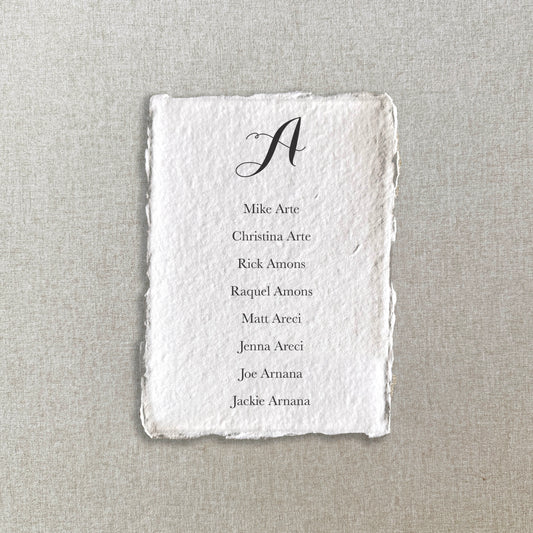 Modern Calligraphy Handmade Paper Seating Chart Cards | Printed