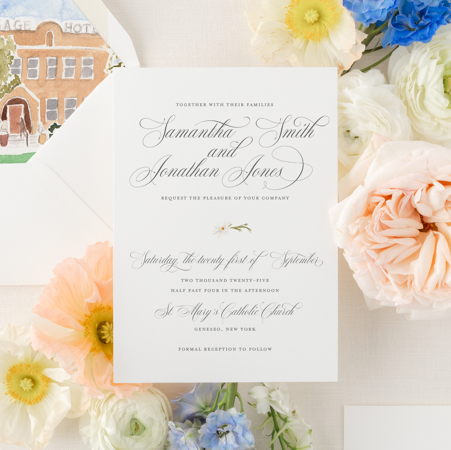 Daisy | Semi-Custom Watercolor Wedding Invitations | Custom Venue Artwork Included