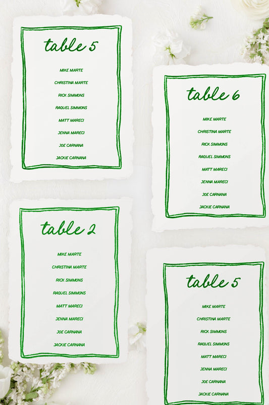 Green Handmade Paper Seating Chart Cards | Printed