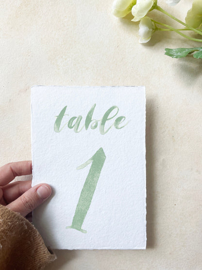 Sage Watercolor Table Numbers | Handmade Paper