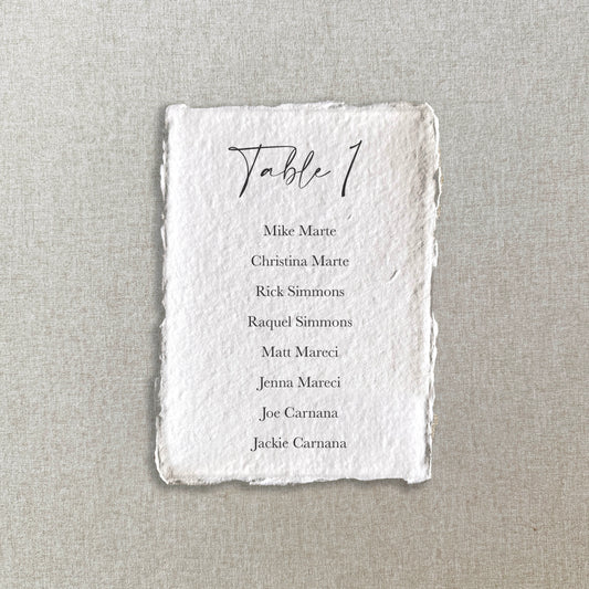 Handmade Paper Seating Chart Cards | Printed