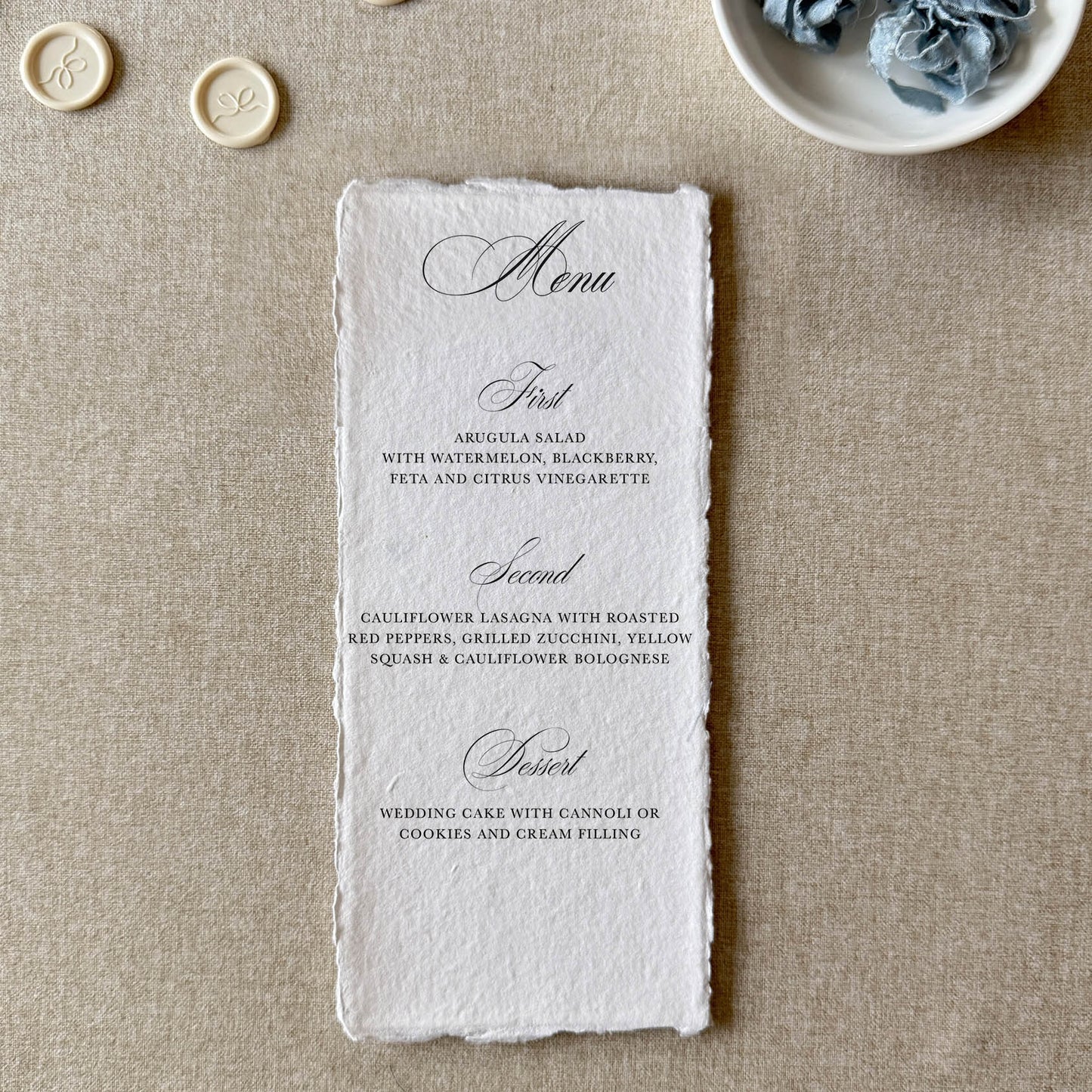 Semi-custom Calligraphy Handmade Paper Wedding Menu | Set of 10 | Printed