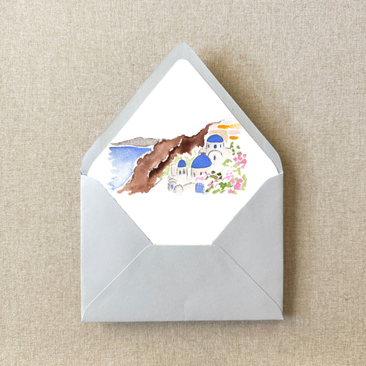 Santorini Greece Watercolor Euroflap Envelope Liner | Set of 10 | For 5x7” invitations