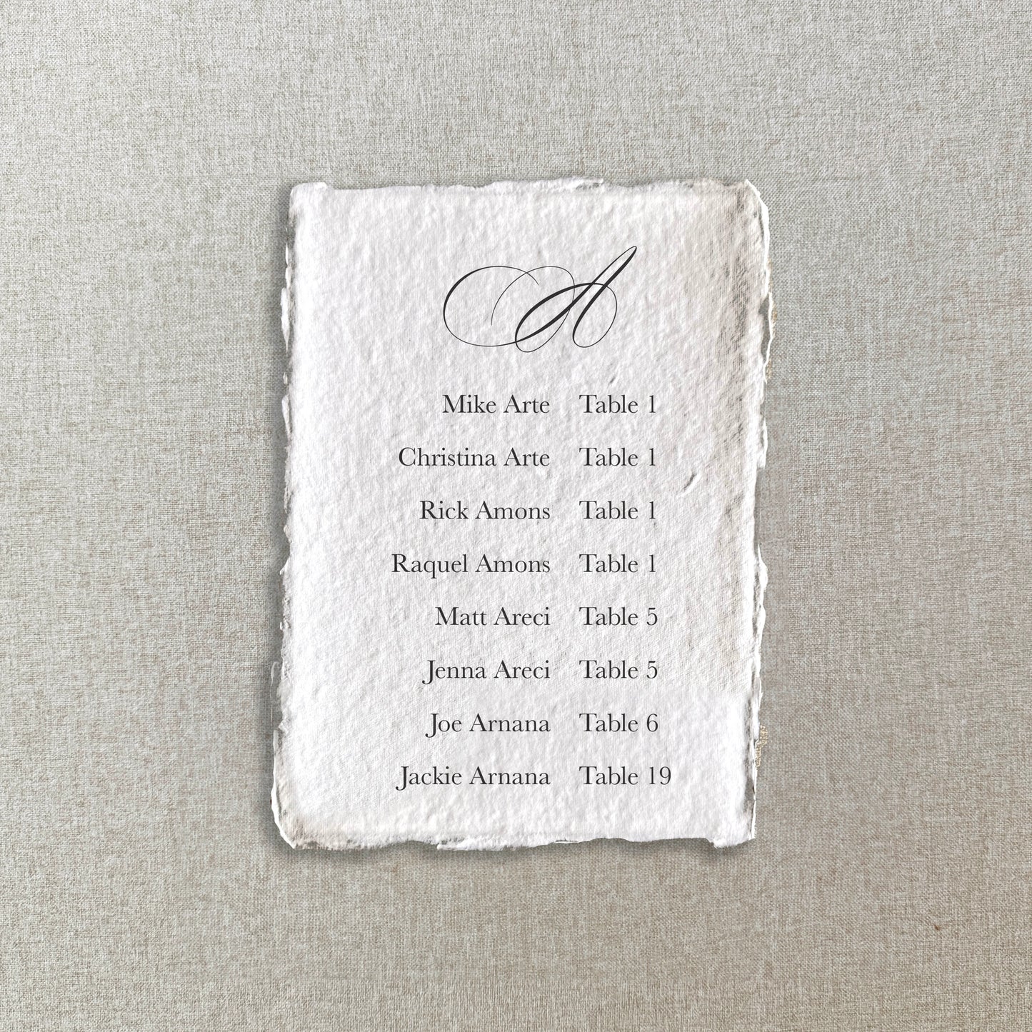 Handmade Paper Seating Chart Cards | Printed