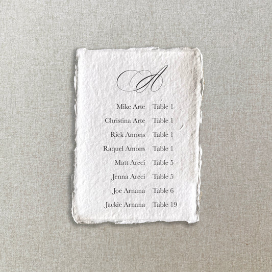 Handmade Paper Seating Chart Cards | Printed