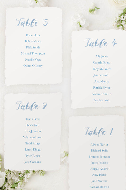 Dusty Blue Watercolor Paper Seating Chart Cards | Printed