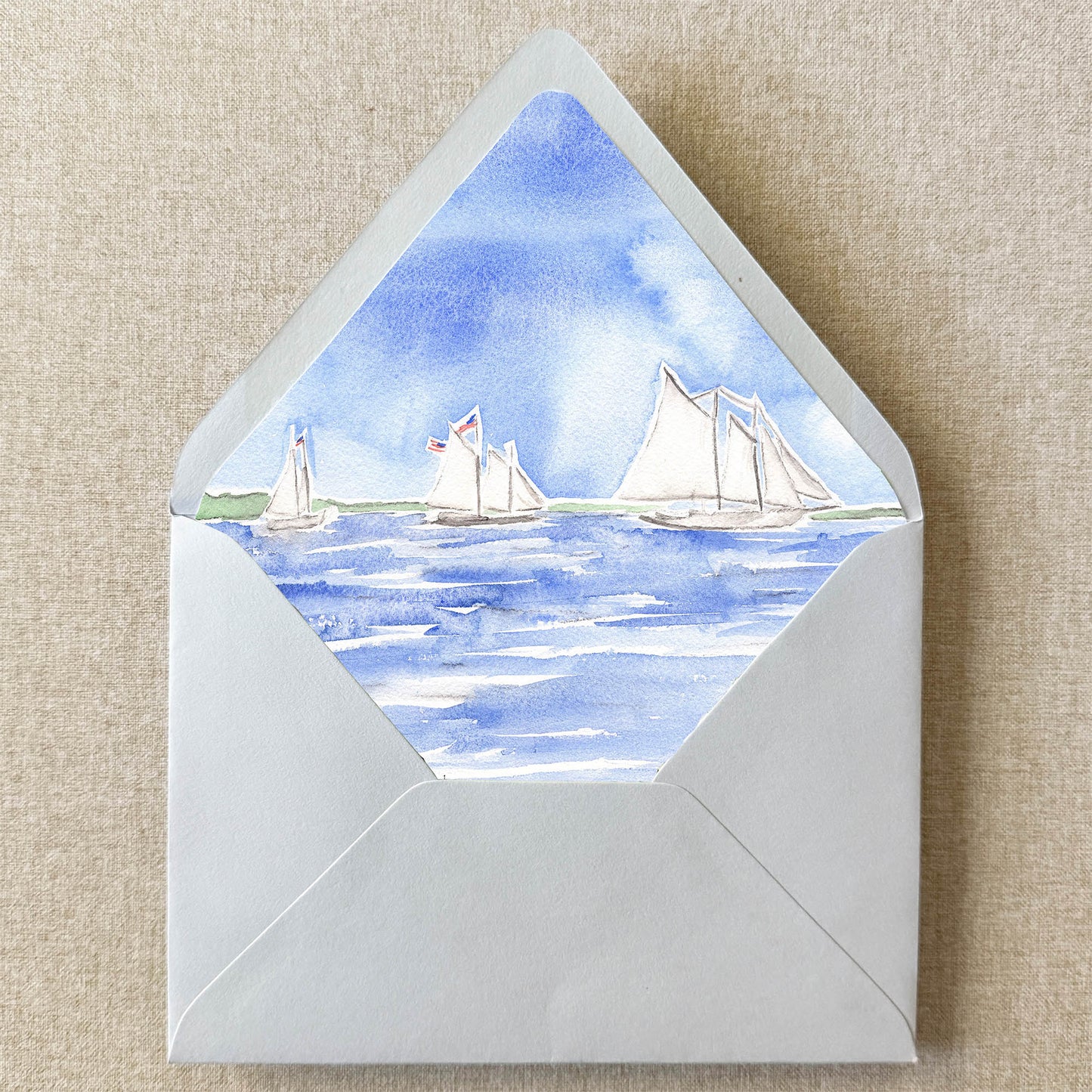 Coastal Sailboats Envelope Liner on linen background