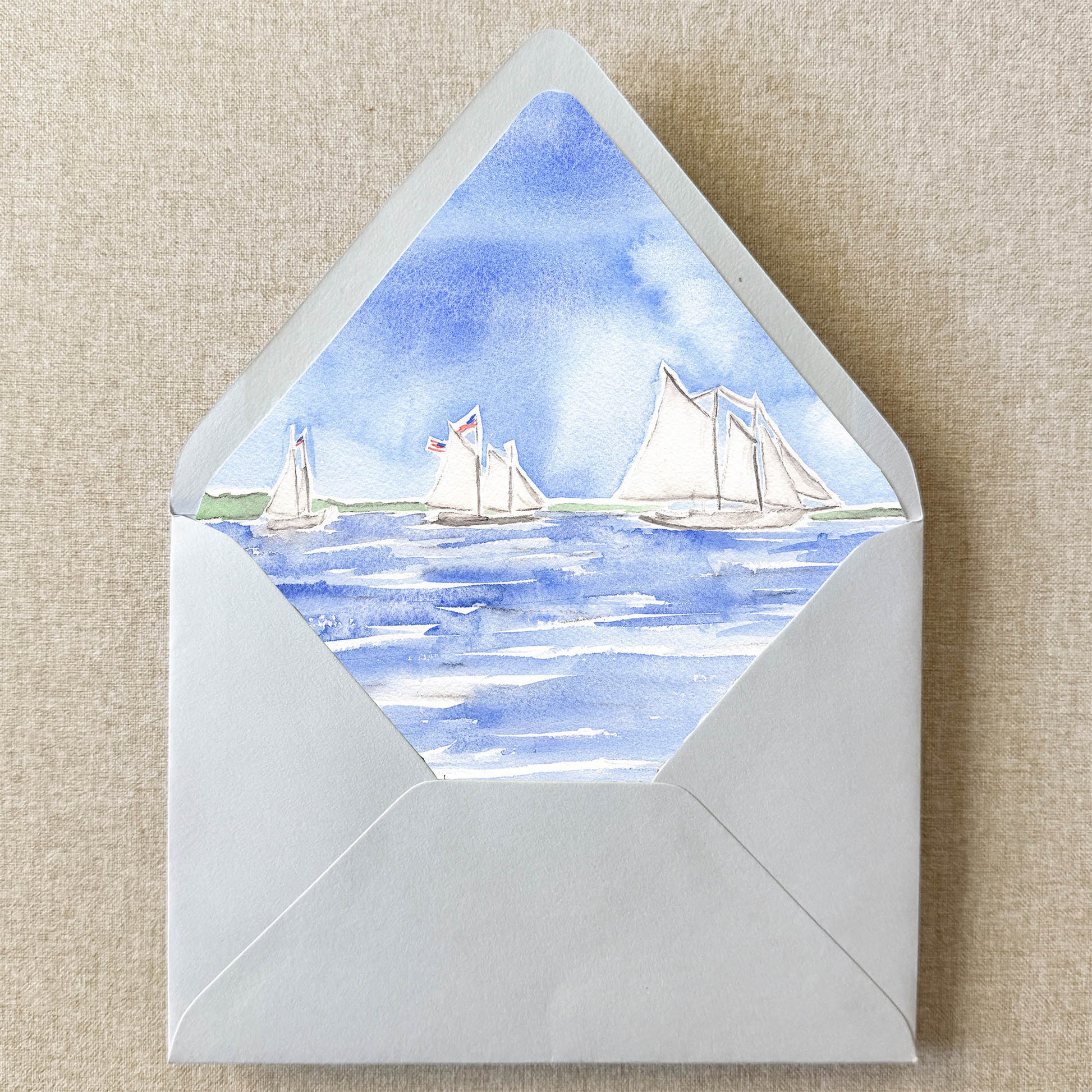 Coastal Sailboats Envelope Liner on linen background