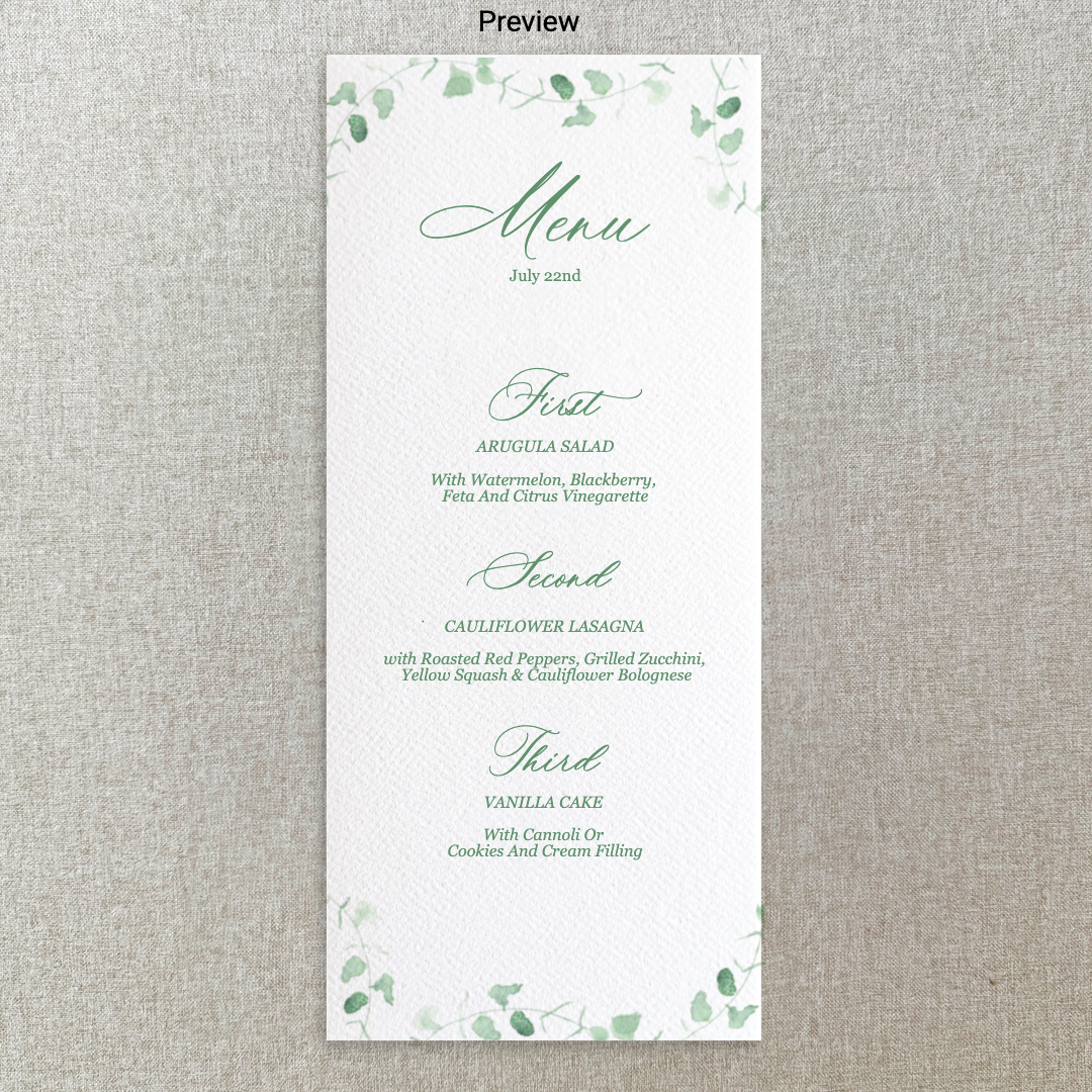 Eucalyptus Greenery Watercolor Menu