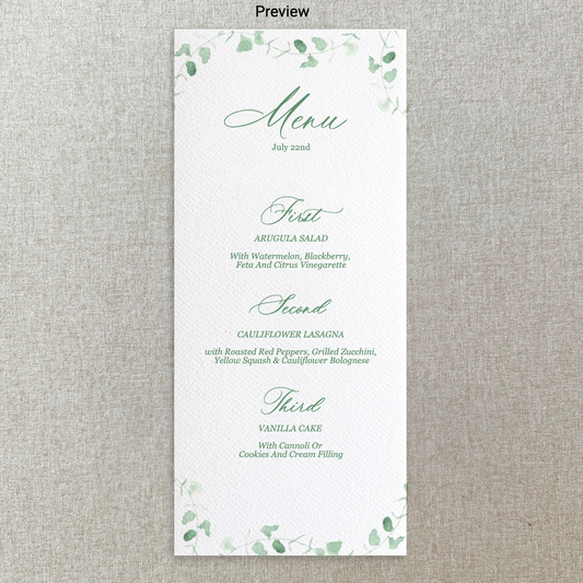 Eucalyptus Greenery Watercolor Menu