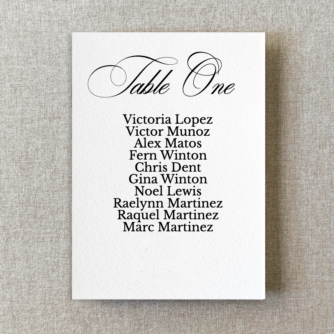 Formal Calligraphy Watercolor Paper Seating Chart Cards