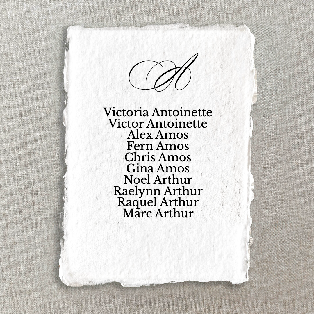 Formal Alphabetical Handmade Paper Seating Chart Cards