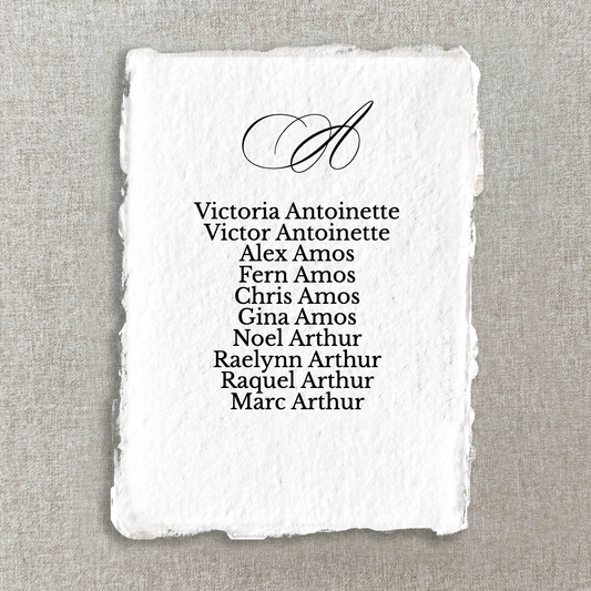 Formal Alphabetical Handmade Paper Seating Chart Cards