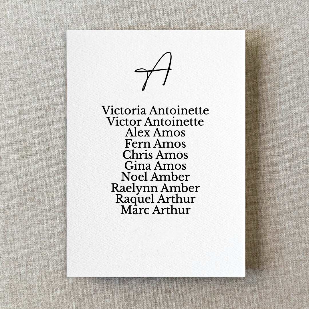 Script Alphabetical Watercolor Paper Seating Chart Cards